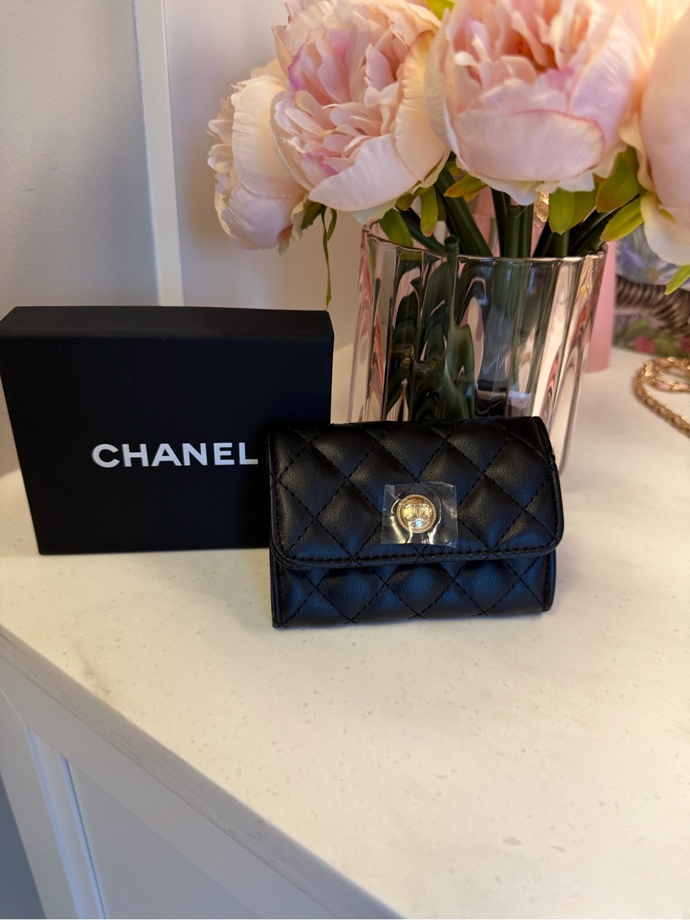 Black Quilted Leather NIB Mini Wallet with Gold-Tone Button